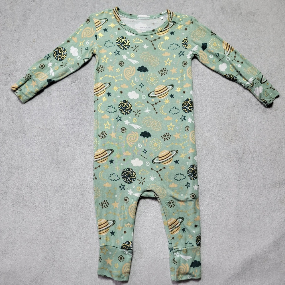 Posh Peanut‎ 12-18M Space Planets Bamboo Romper Sage Green Long Sleeve